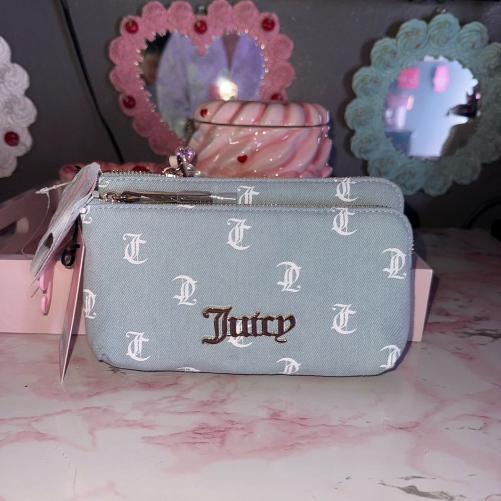 Juicy Couture Light Blue Denim Logo Dual-Zip Pouch - Picture 1 of 8